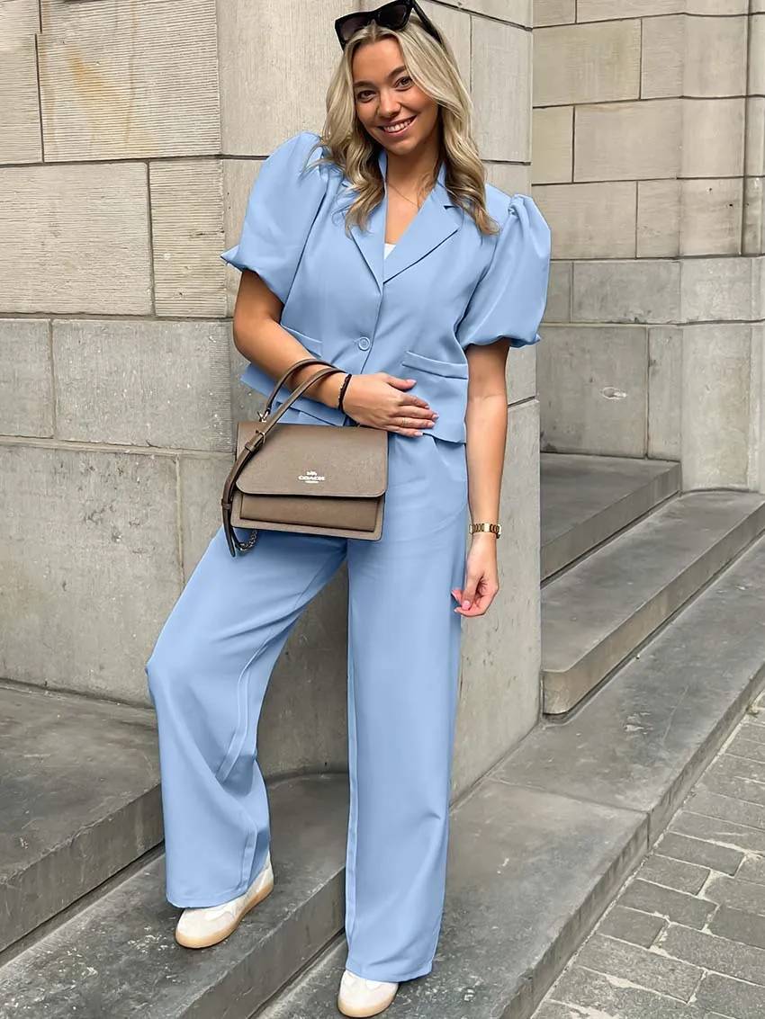 Casual Lapel Short Sleeve Single Button Shirts High Waist Straight Pants Sets
