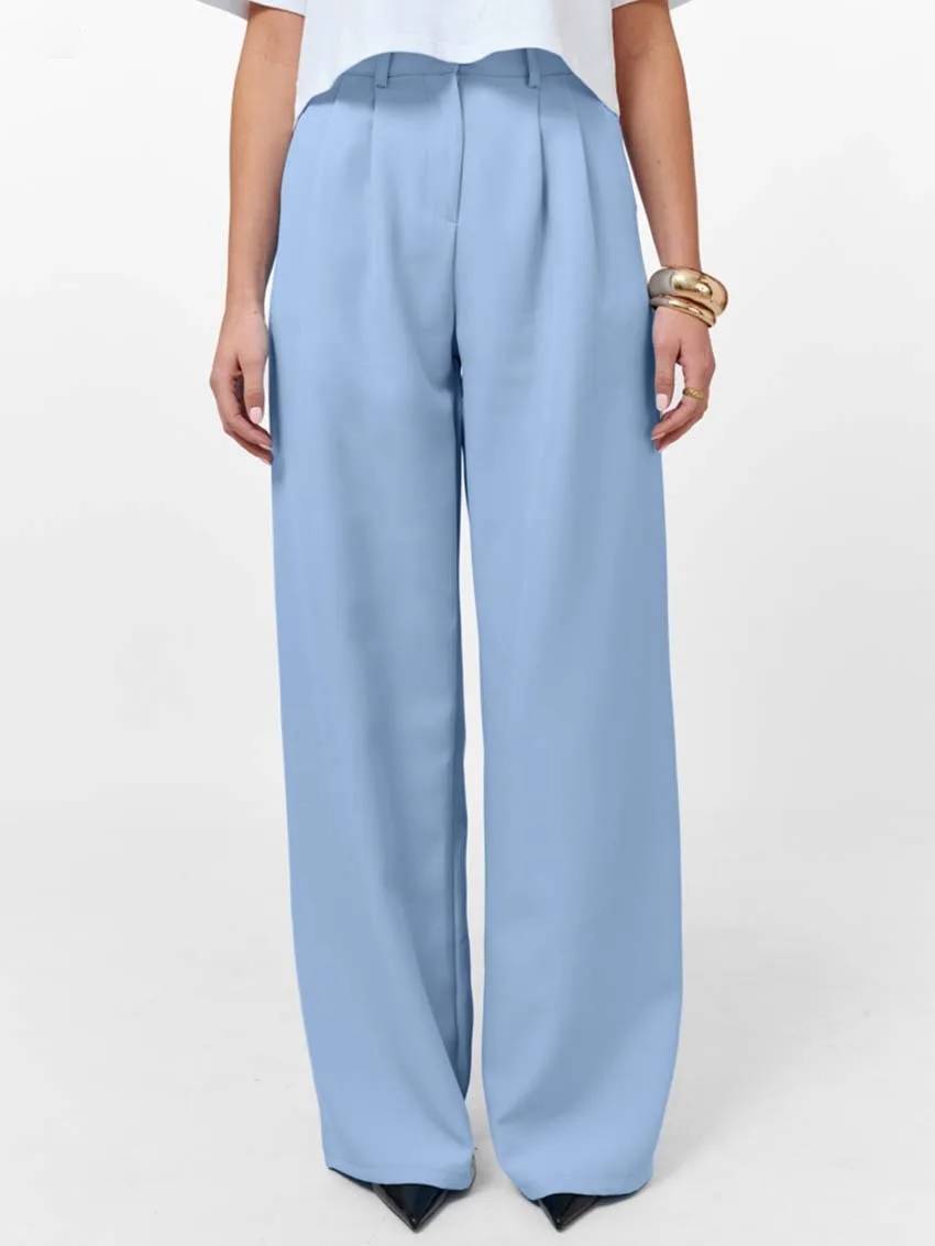 Casual Lapel Short Sleeve Single Button Shirts High Waist Straight Pants Sets