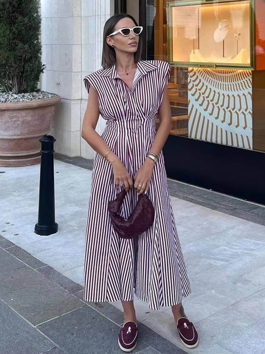 Casual Lapel Sleeveless High Waist Pleated Loose Stripe Printed Midi Dress