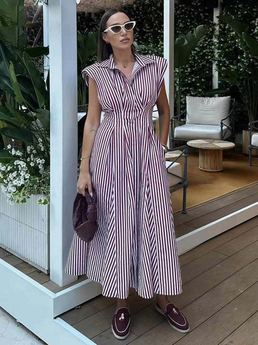 Casual Lapel Sleeveless High Waist Pleated Loose Stripe Printed Midi Dress
