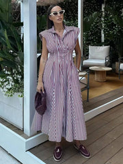 Casual Lapel Sleeveless High Waist Pleated Loose Stripe Printed Midi Dress