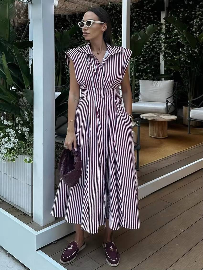 Casual Lapel Sleeveless High Waist Pleated Loose Stripe Printed Midi Dress