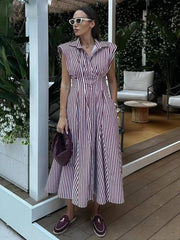 Casual Lapel Sleeveless High Waist Pleated Loose Stripe Printed Midi Dress