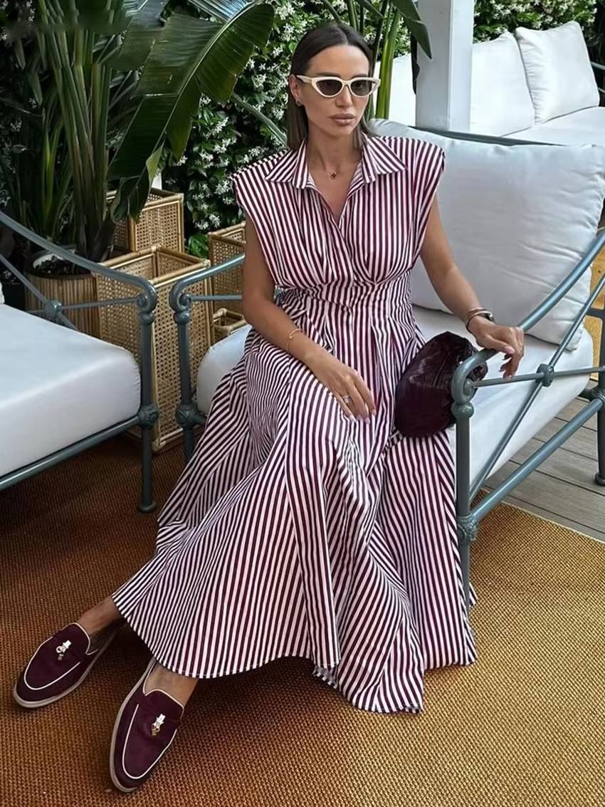 Casual Lapel Sleeveless High Waist Pleated Loose Stripe Printed Midi Dress