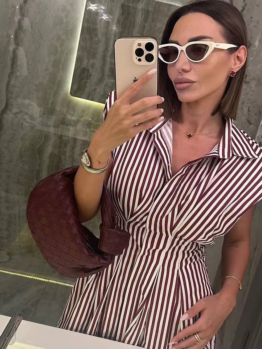 Casual Lapel Sleeveless High Waist Pleated Loose Stripe Printed Midi Dress