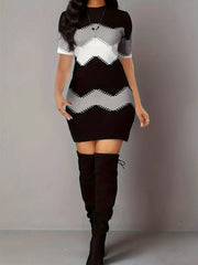 Casual Large-Color Block Striped Print Long-Sleeved Crew Neck Dress