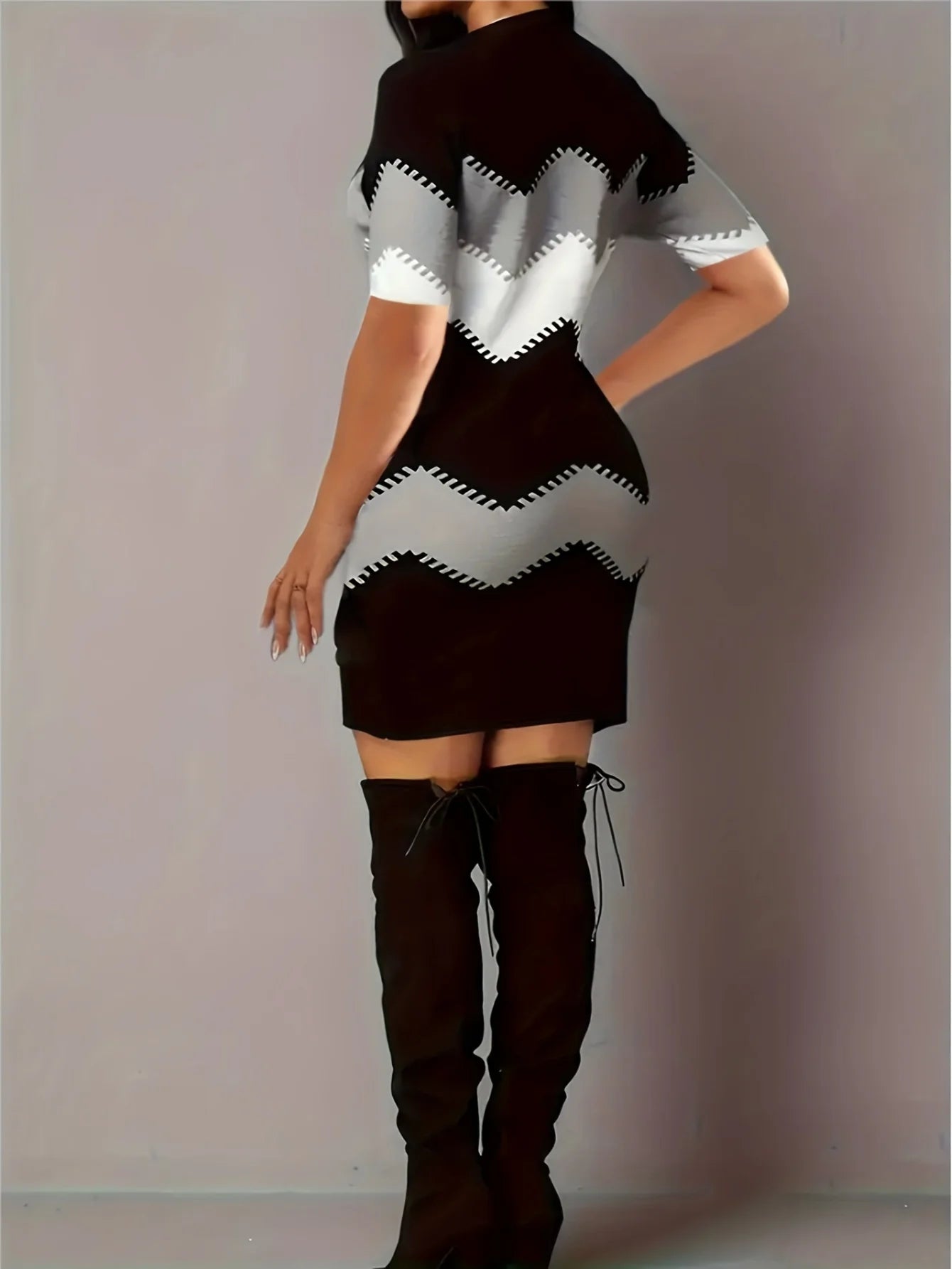 Casual Large-Color Block Striped Print Long-Sleeved Crew Neck Dress