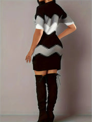 Casual Large-Color Block Striped Print Long-Sleeved Crew Neck Dress