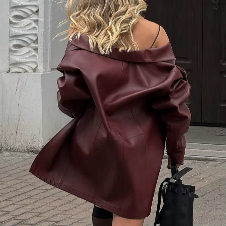 Casual Leather Retro Lapel Cardigan Coat And Mini Dress 2 Piece Set