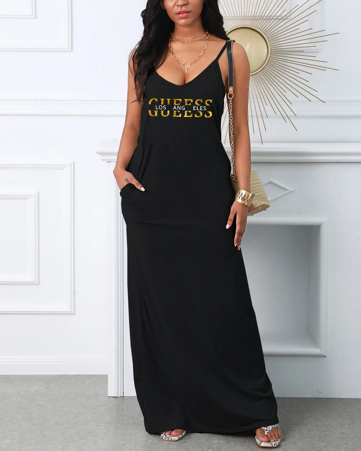 Casual Letter Printed V-neck Suspender Comfortable Breathable Dress