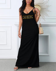 Casual Letter Printed V-neck Suspender Comfortable Breathable Dress