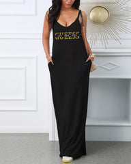 Casual Letter Printed V-neck Suspender Comfortable Breathable Dress