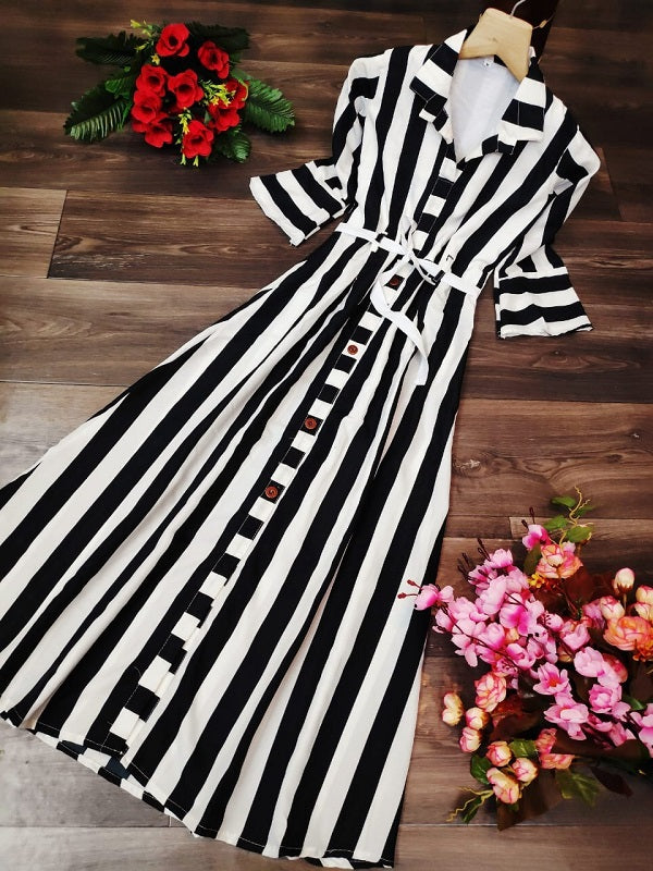 Casual Lining Print Long Shirt Dress