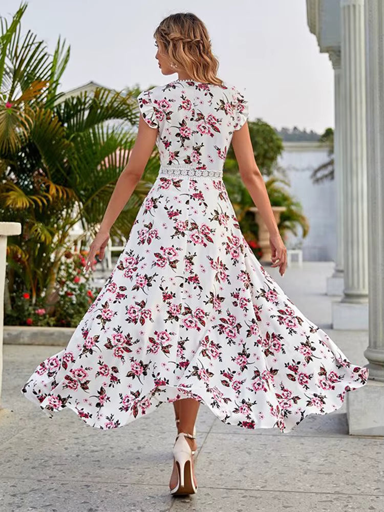 Casual Little Floral Lace Collar Irregular Waist Print Beach Style Mid-Calf Dress