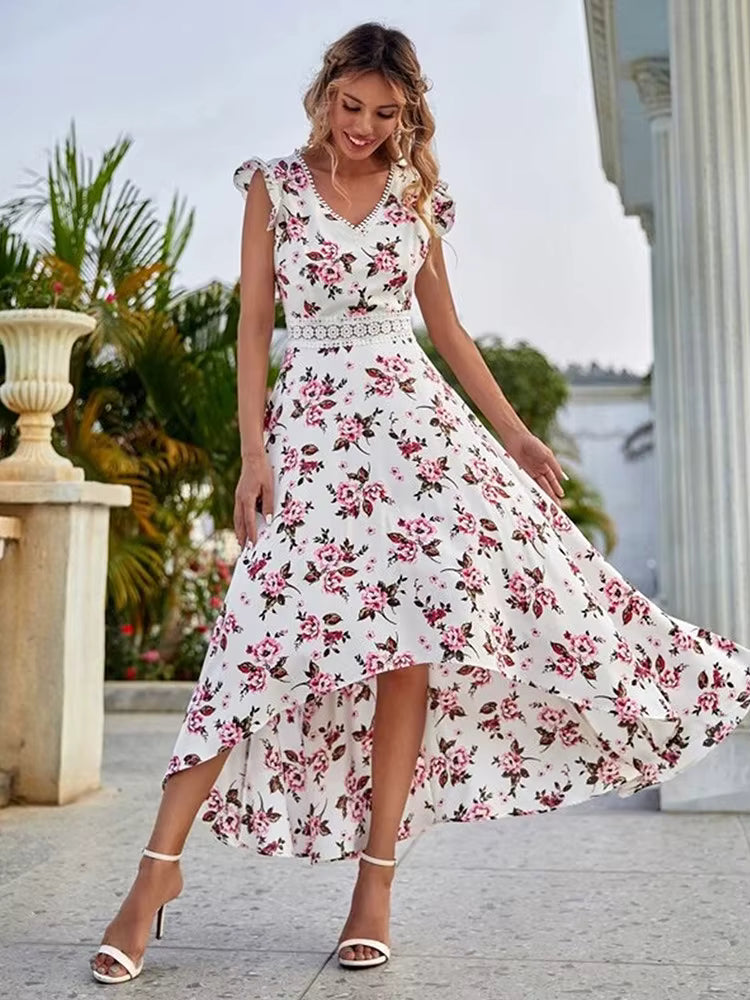 Casual Little Floral Lace Collar Irregular Waist Print Beach Style Mid-Calf Dress
