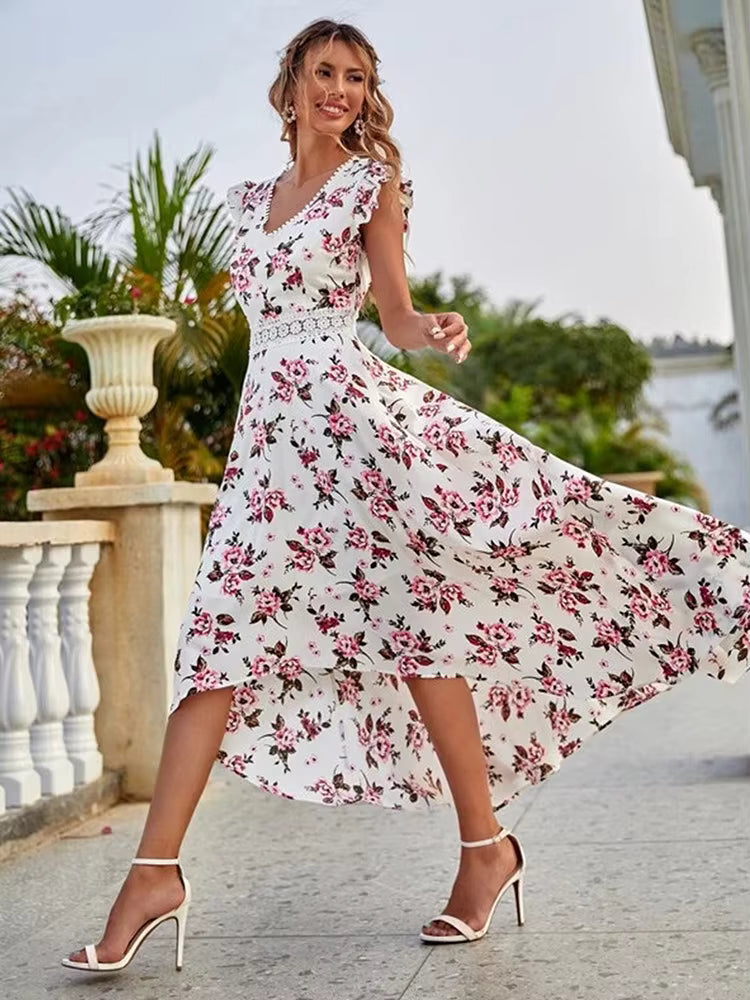 Casual Little Floral Lace Collar Irregular Waist Print Beach Style Mid-Calf Dress