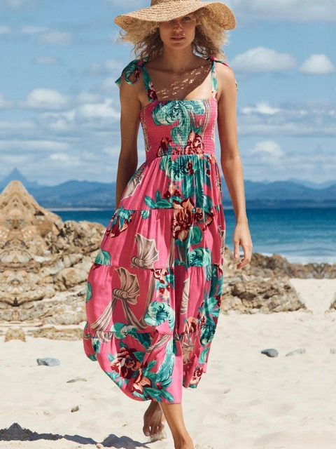 Casual Long Print Spaghetti Strap Beach Dress
