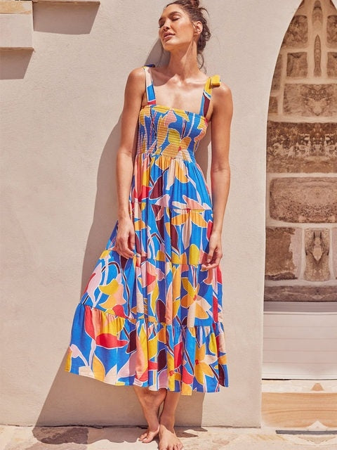 Casual Long Print Spaghetti Strap Beach Dress