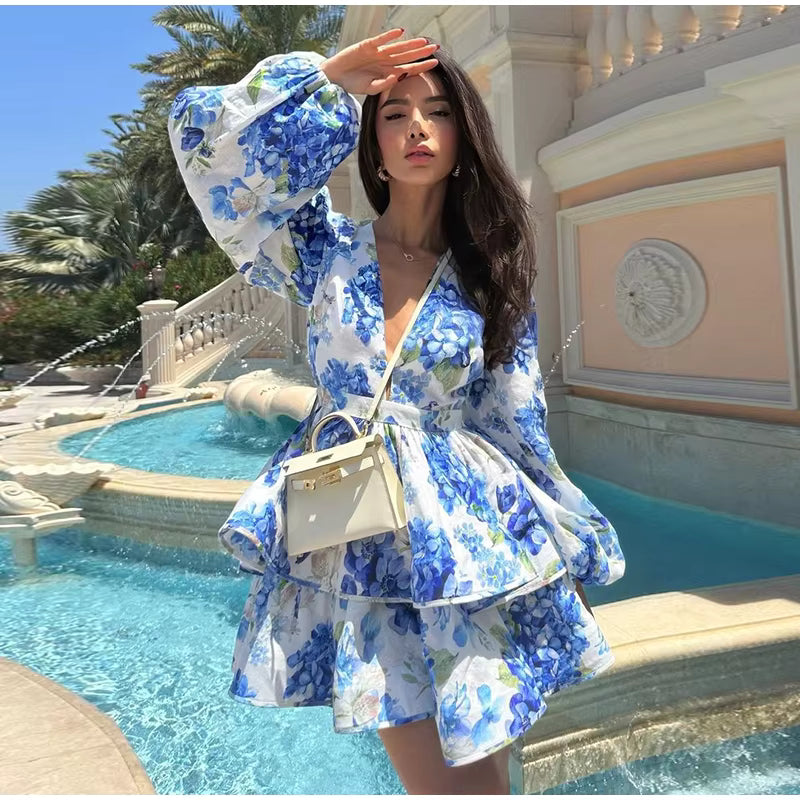 Casual Long Puff Sleeve V-neck A-line High Waist Print Ruffle Short Mini Dress