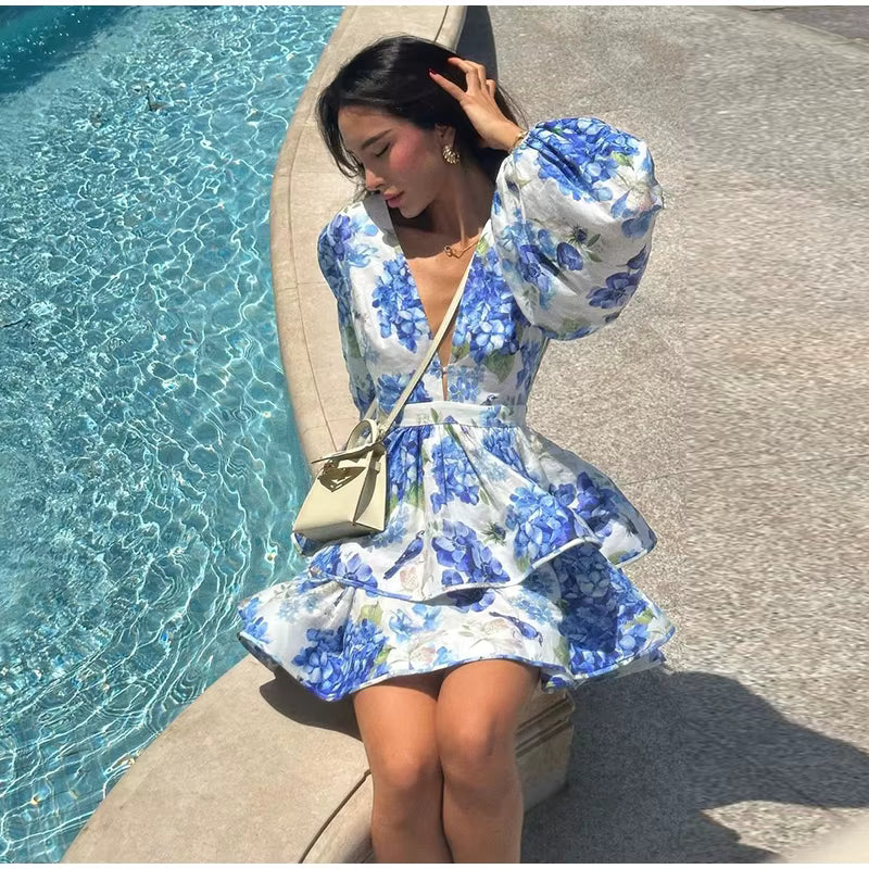 Casual Long Puff Sleeve V-neck A-line High Waist Print Ruffle Short Mini Dress