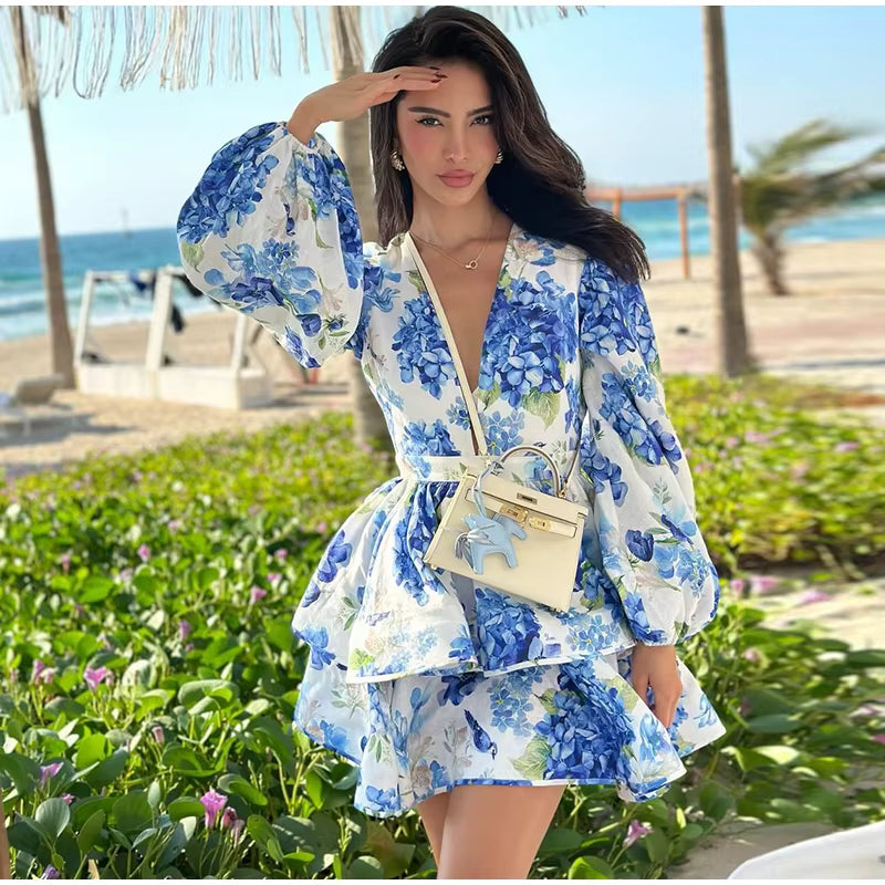 Casual Long Puff Sleeve V-neck A-line High Waist Print Ruffle Short Mini Dress
