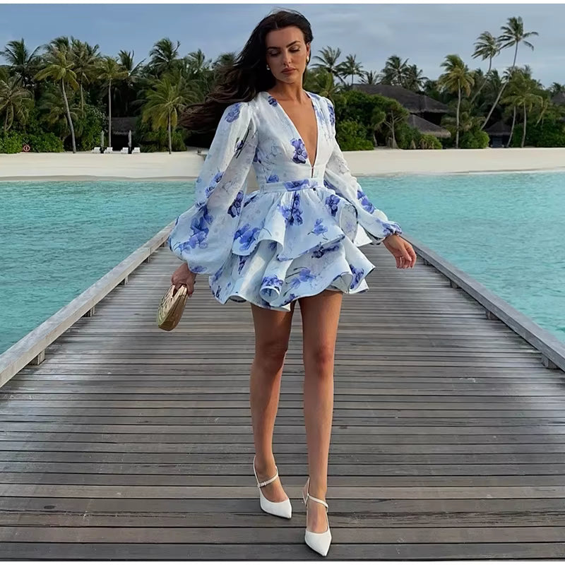 Casual Long Puff Sleeve V-neck A-line High Waist Print Ruffle Short Mini Dress