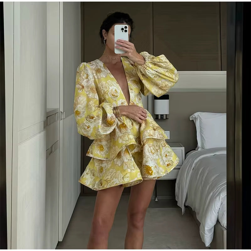 Casual Long Puff Sleeve V-neck A-line High Waist Print Ruffle Short Mini Dress