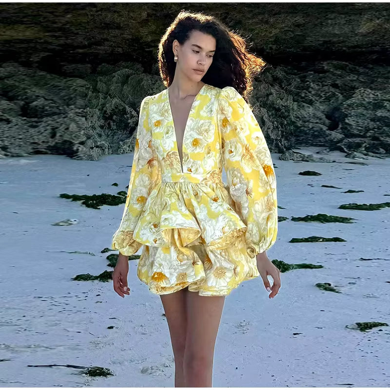 Casual Long Puff Sleeve V-neck A-line High Waist Print Ruffle Short Mini Dress