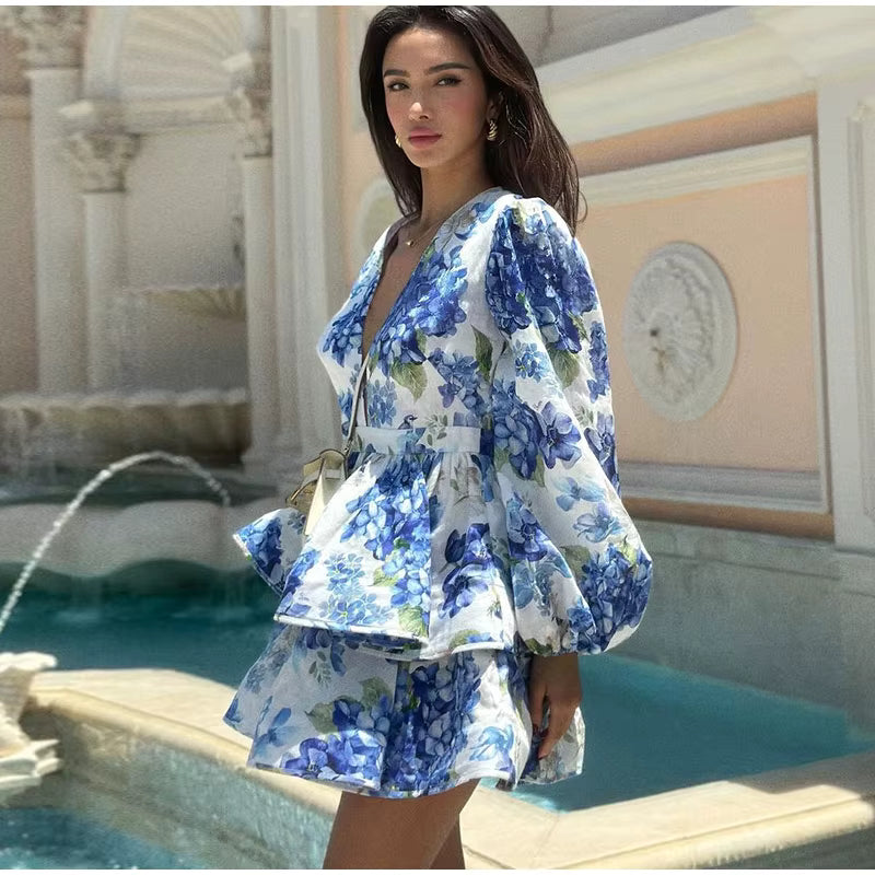 Casual Long Puff Sleeve V-neck A-line High Waist Print Ruffle Short Mini Dress