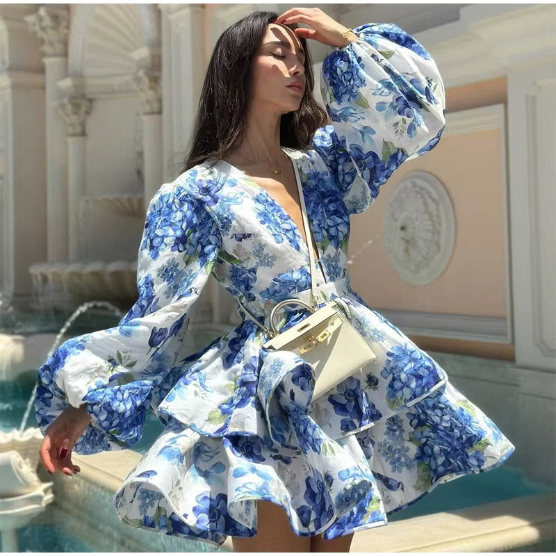 Casual Long Puff Sleeve V-neck A-line High Waist Print Ruffle Short Mini Dress