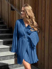 Casual Long Sleeve Above Knee Loose Pleated Mini Dress