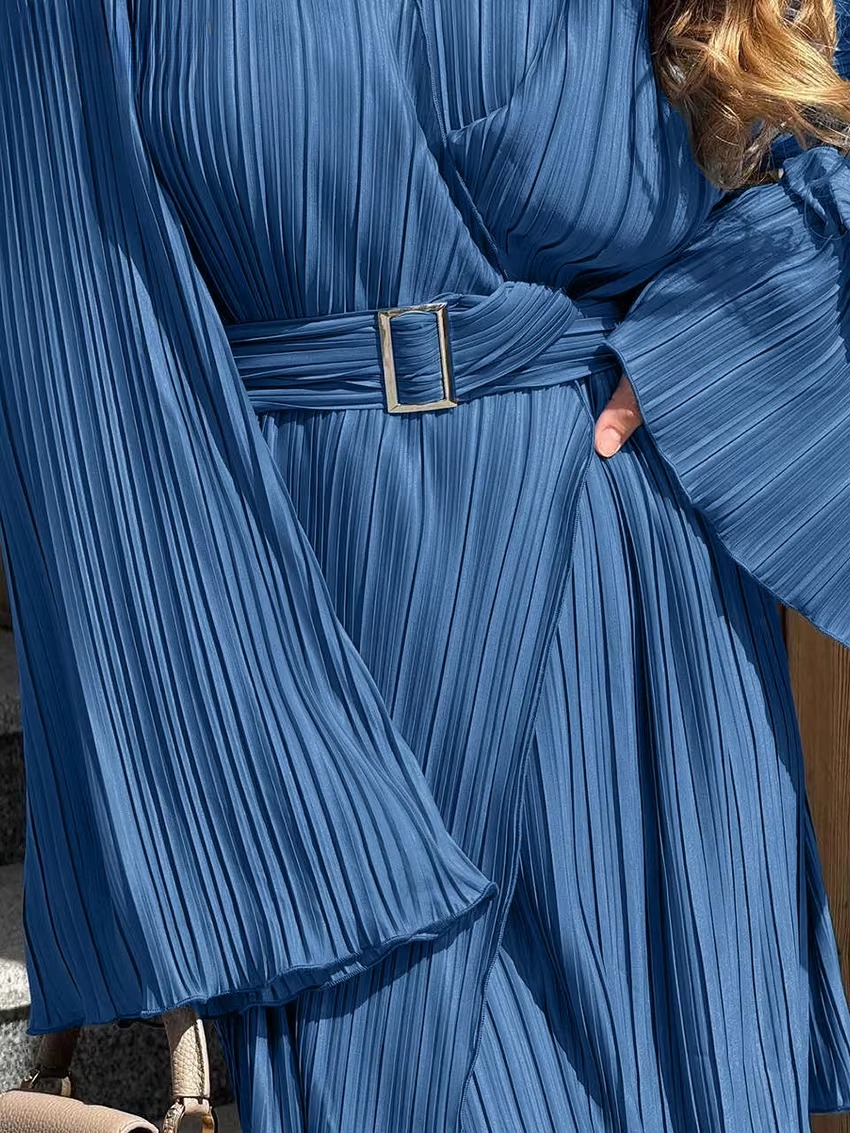 Casual Long Sleeve Above Knee Loose Pleated Mini Dress