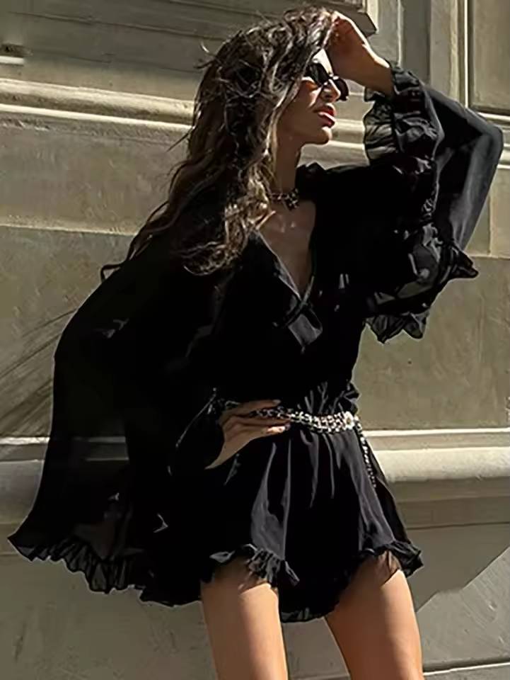Casual Long Sleeve Button Ruffled High Waisted Pleated Mini Dress