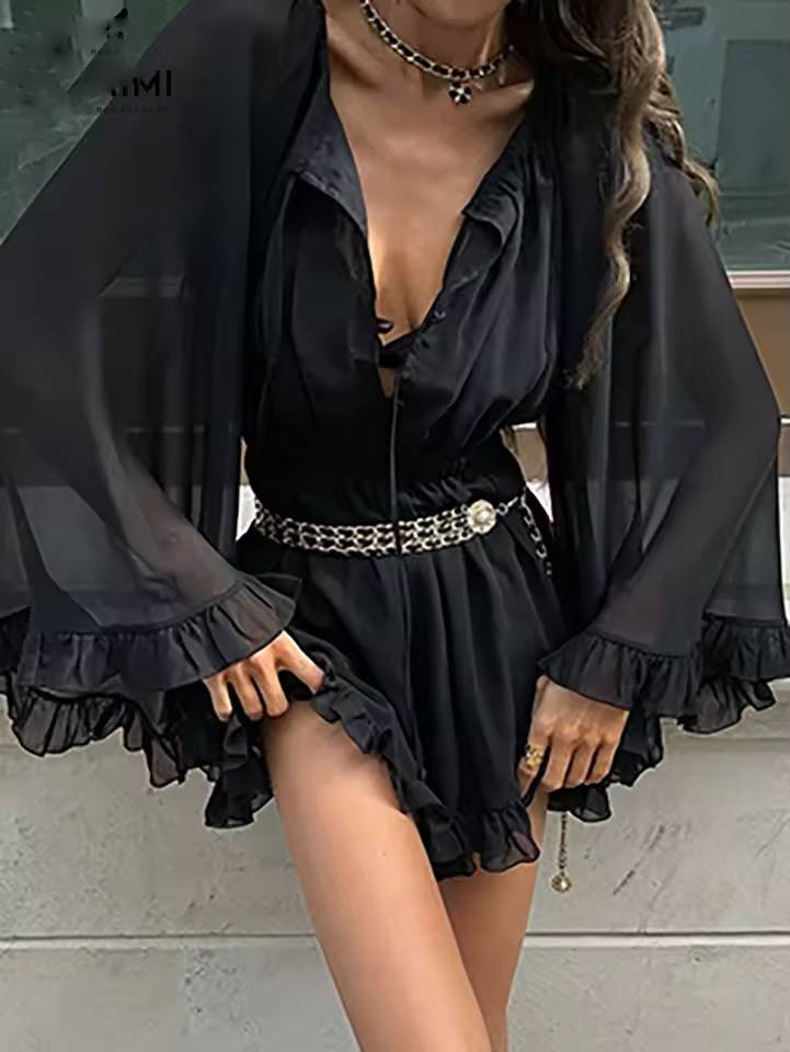 Casual Long Sleeve Button Ruffled High Waisted Pleated Mini Dress