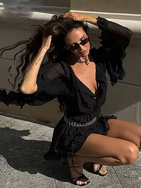 Casual Long Sleeve Button Ruffled High Waisted Pleated Mini Dress