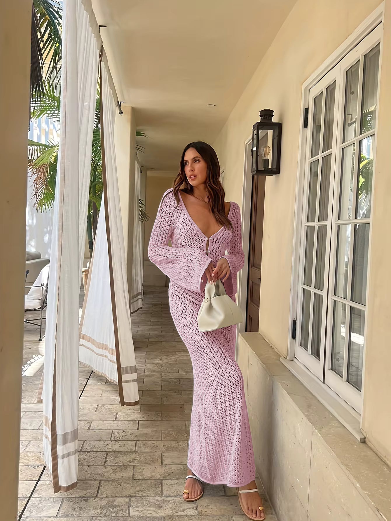 Casual Long Sleeve Cover up See-Through Deep V-Neck Hollow-Out Beach Knitwear Backless Dress