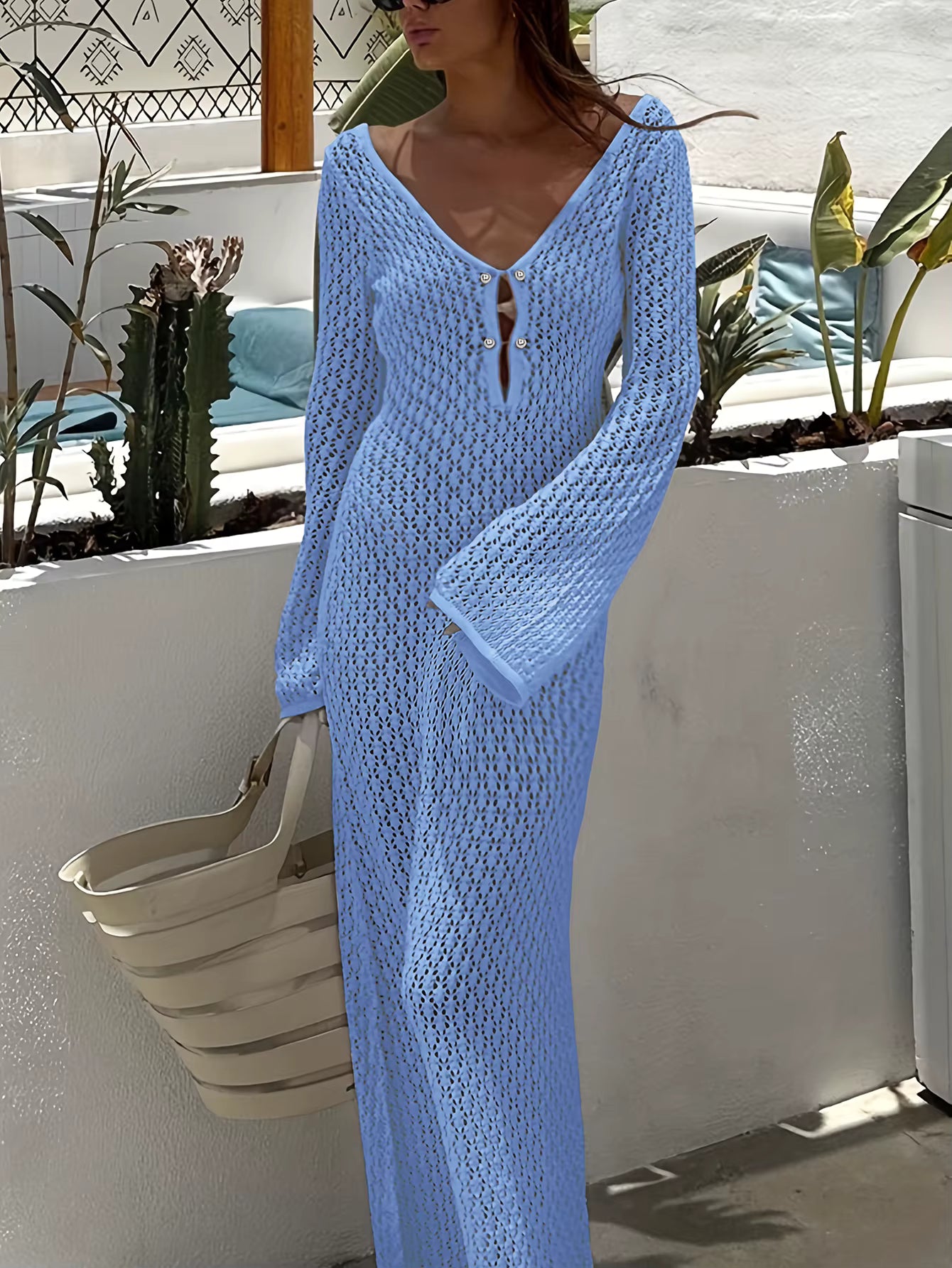 Casual Long Sleeve Cover up See-Through Deep V-Neck Hollow-Out Beach Knitwear Backless Dress