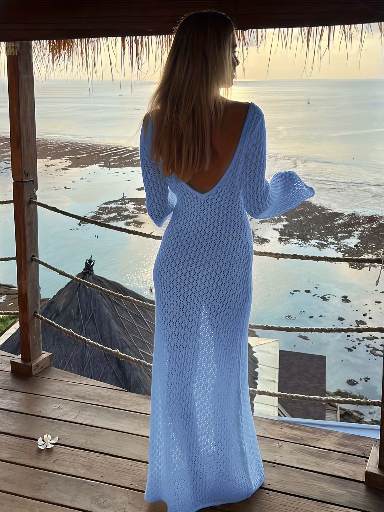 Casual Long Sleeve Cover up See-Through Deep V-Neck Hollow-Out Beach Knitwear Backless Dress