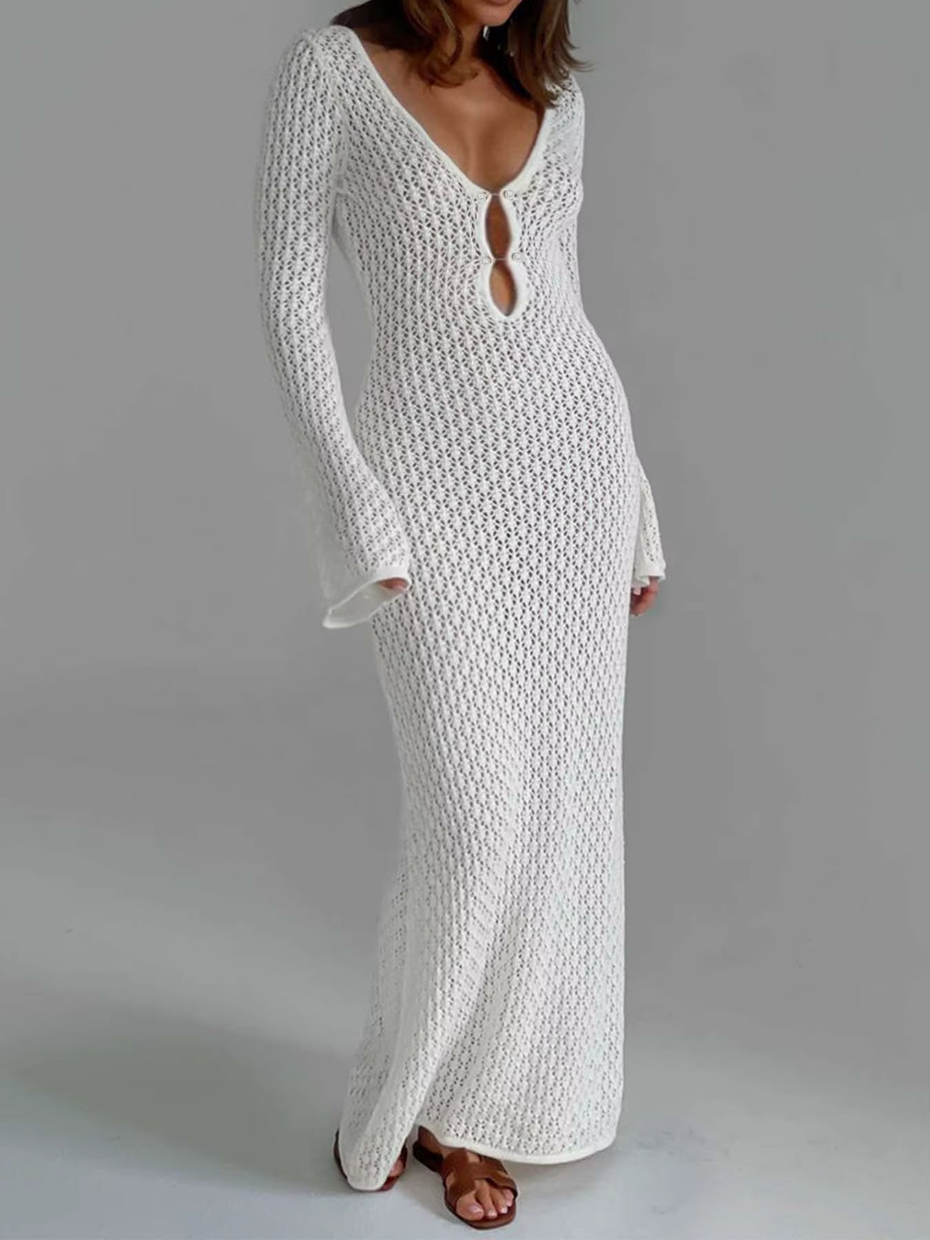 Casual Long Sleeve Cover up See-Through Deep V-Neck Hollow-Out Beach Knitwear Backless Dress