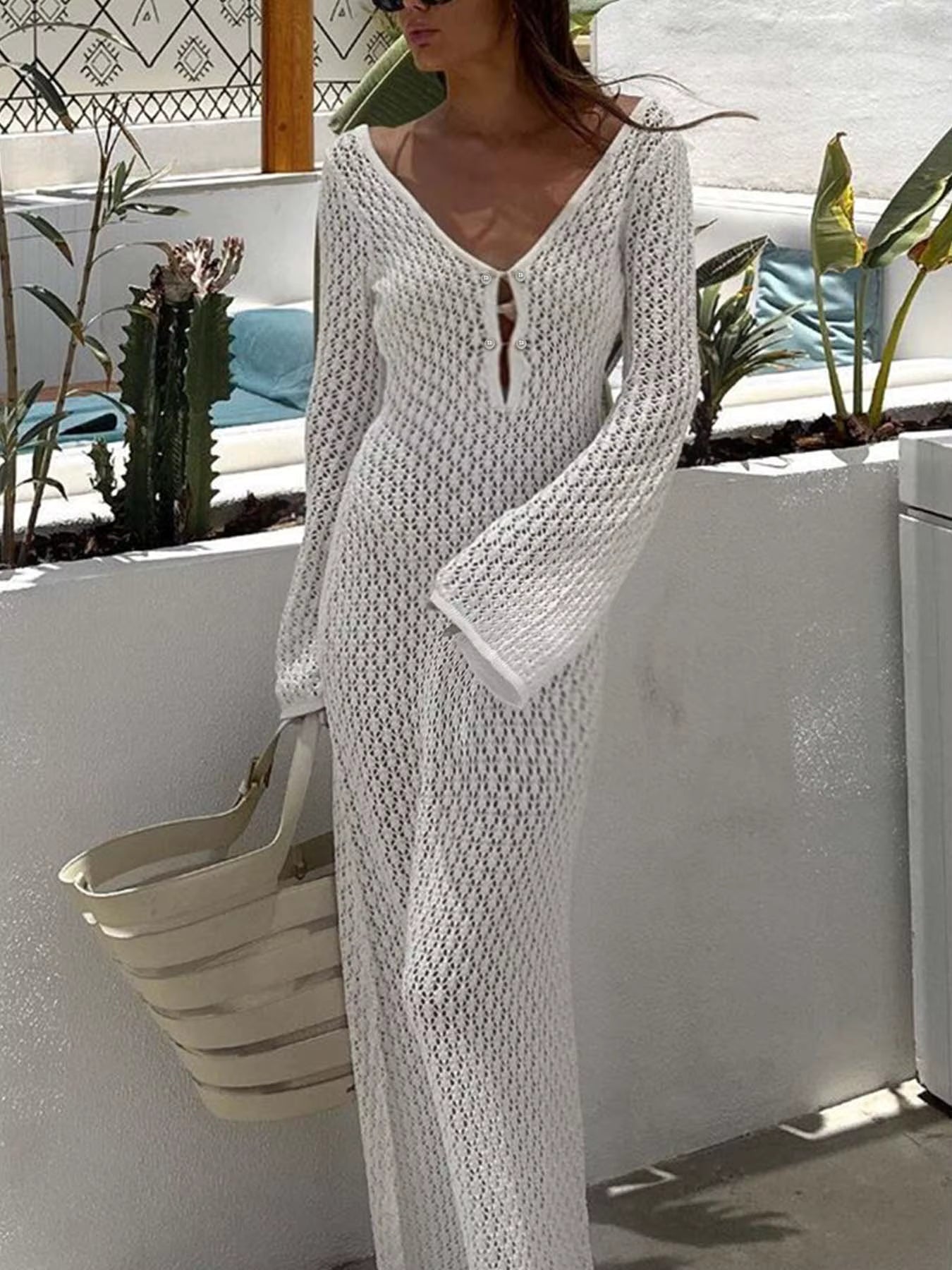 Casual Long Sleeve Cover up See-Through Deep V-Neck Hollow-Out Beach Knitwear Backless Dress