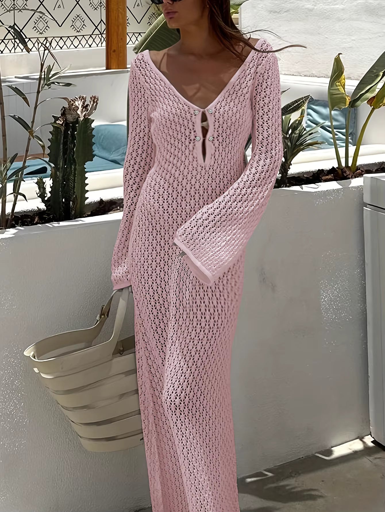 Casual Long Sleeve Cover up See-Through Deep V-Neck Hollow-Out Beach Knitwear Backless Dress