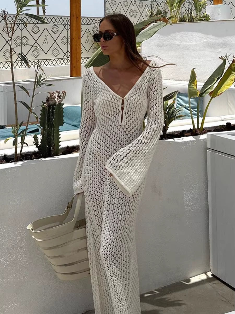 Casual Long Sleeve Cover up See-Through Deep V-Neck Hollow-Out Beach Knitwear Backless Dress