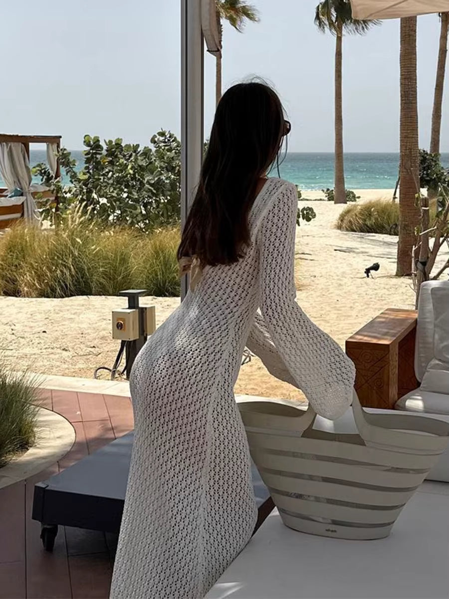 Casual Long Sleeve Cover up See-Through Deep V-Neck Hollow-Out Beach Knitwear Backless Dress