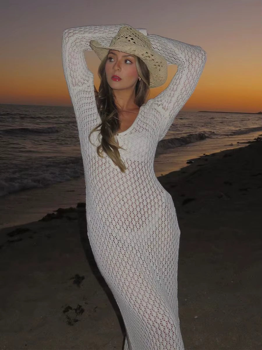 Casual Long Sleeve Cover up See-Through Deep V-Neck Hollow-Out Beach Knitwear Backless Dress