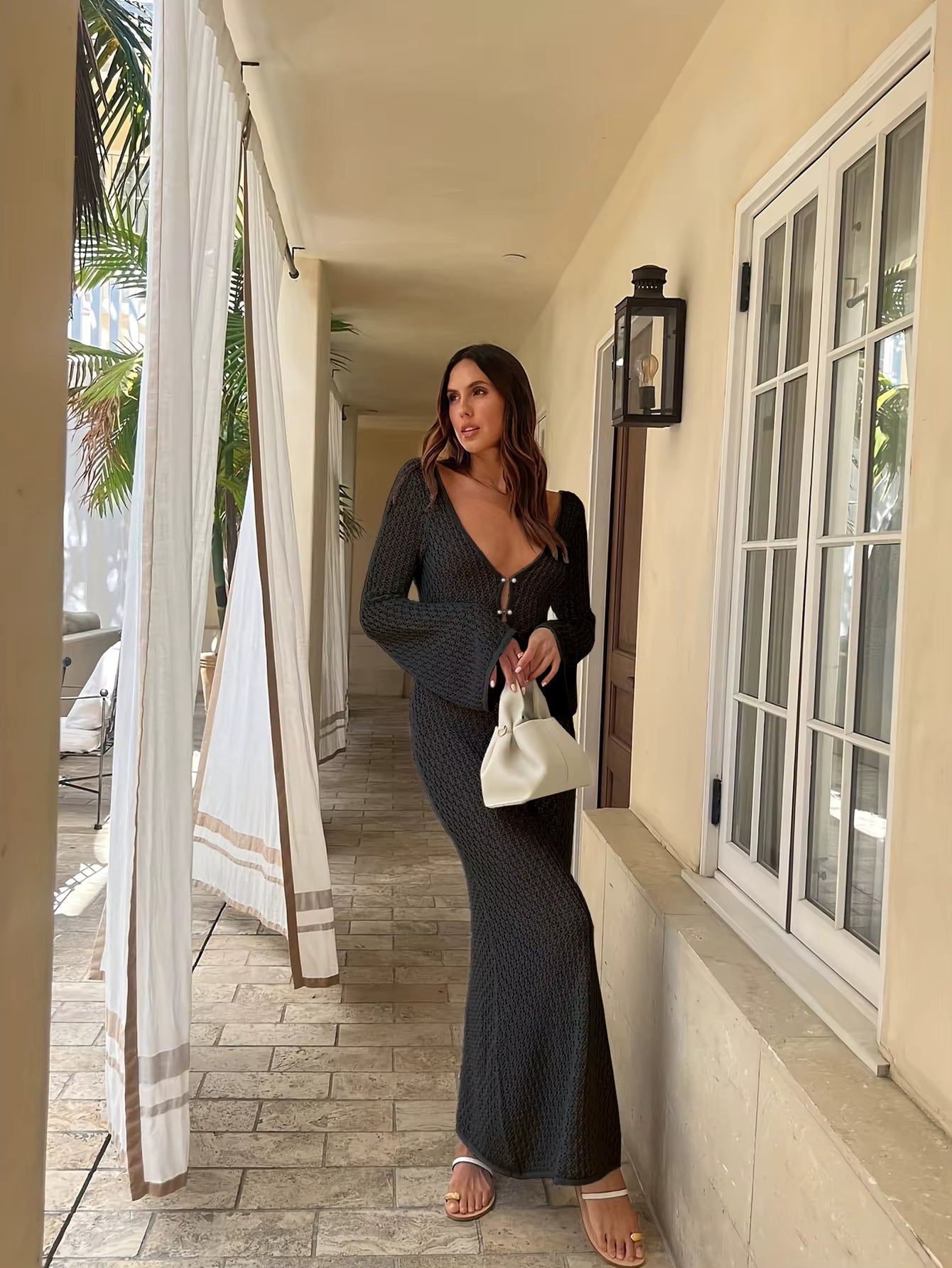 Casual Long Sleeve Cover up See-Through Deep V-Neck Hollow-Out Beach Knitwear Backless Dress