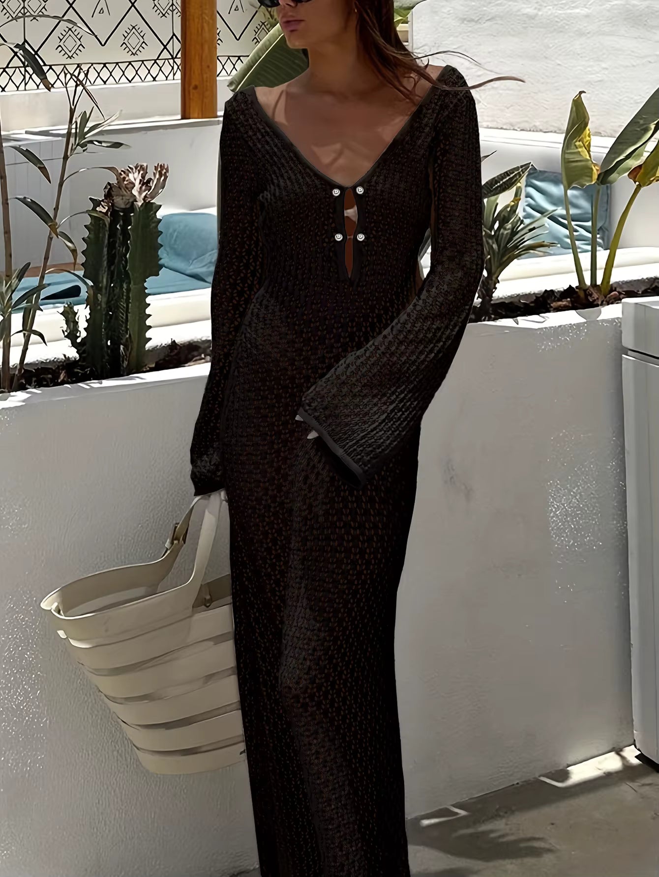 Casual Long Sleeve Cover up See-Through Deep V-Neck Hollow-Out Beach Knitwear Backless Dress