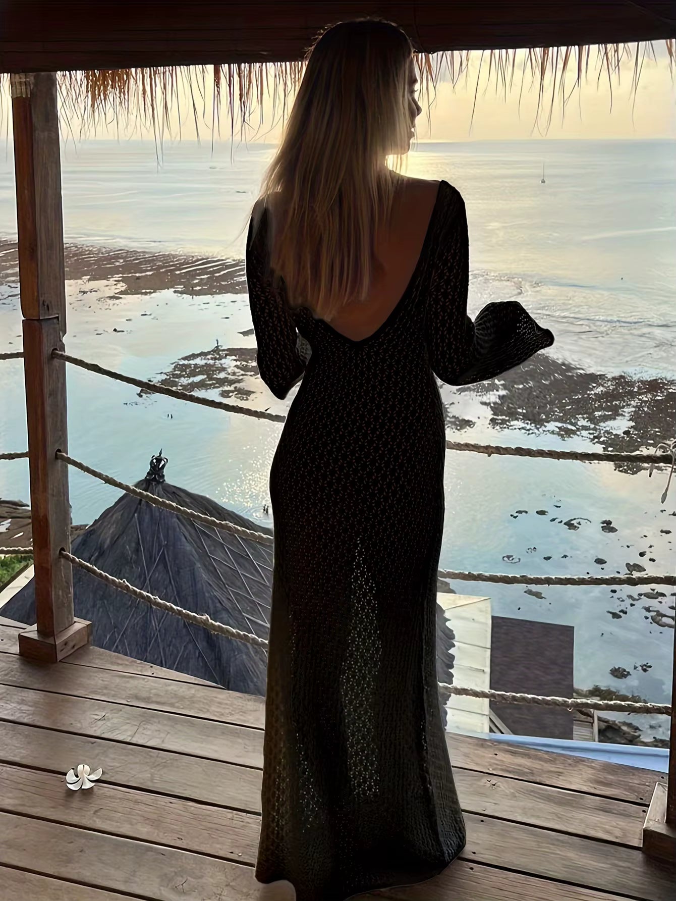 Casual Long Sleeve Cover up See-Through Deep V-Neck Hollow-Out Beach Knitwear Backless Dress