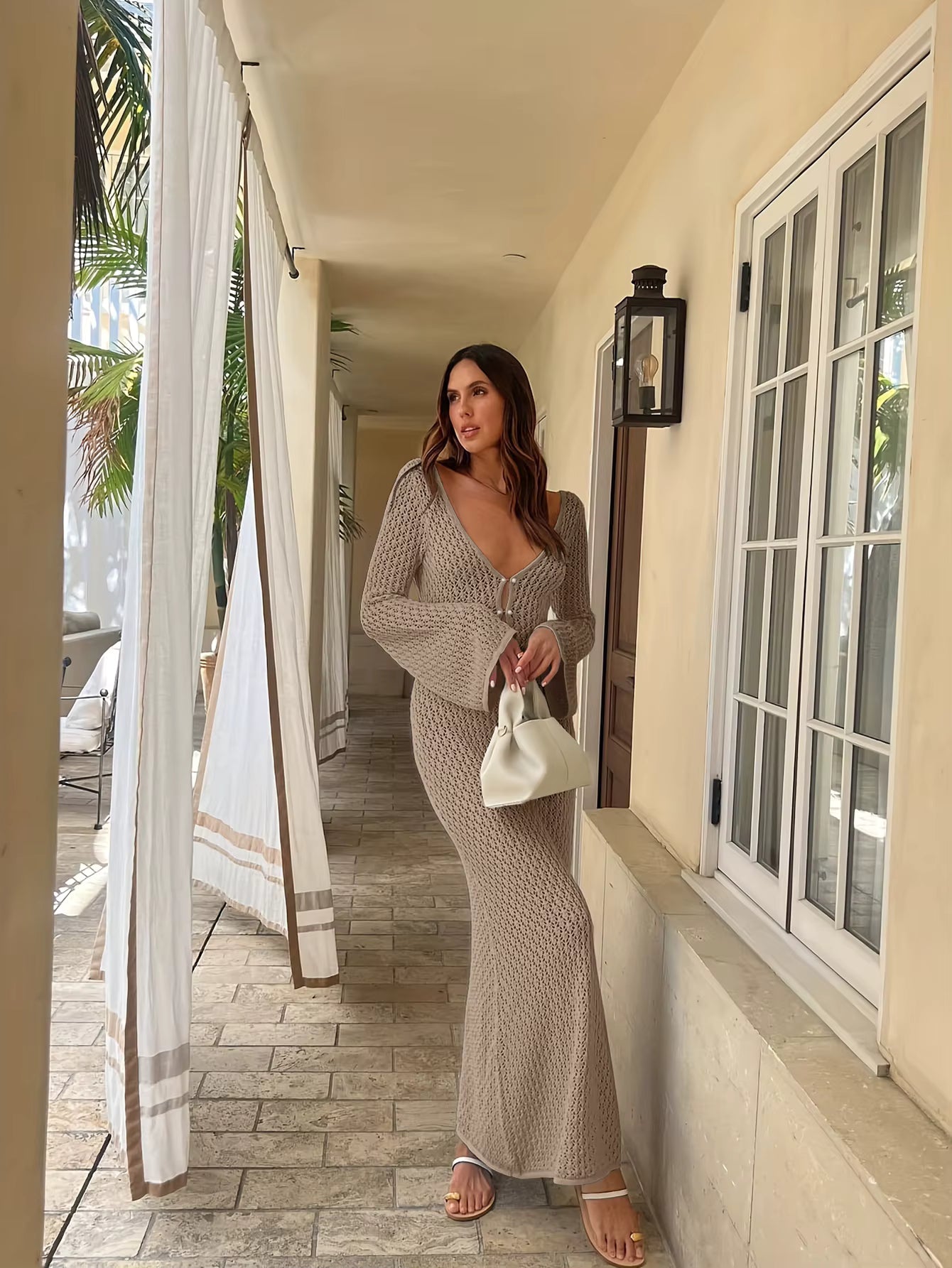 Casual Long Sleeve Cover up See-Through Deep V-Neck Hollow-Out Beach Knitwear Backless Dress