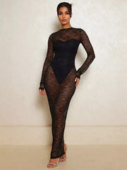 Casual Long Sleeve Jewel Neck Illusion Club Lace Night Out Club Coachella Long Maxi Dress