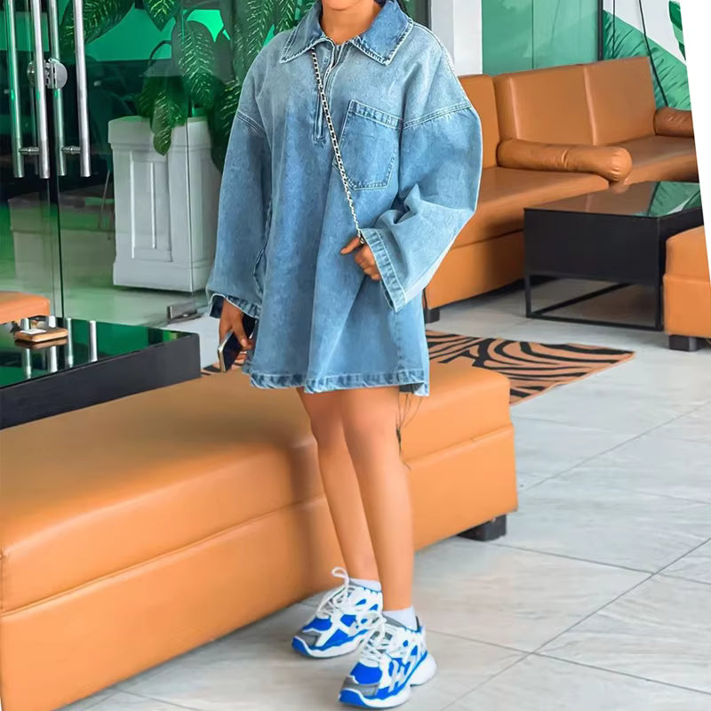 Casual Long Sleeve Pockets Turn-down Collar Front Zipper Denim Dress